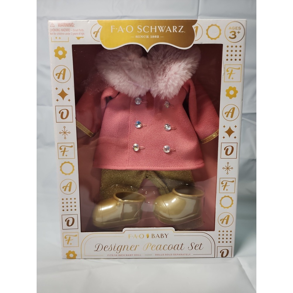 FAO Schwarz Designer Peacoat Set 14" Baby Doll Outfit NIB Pink And Gold